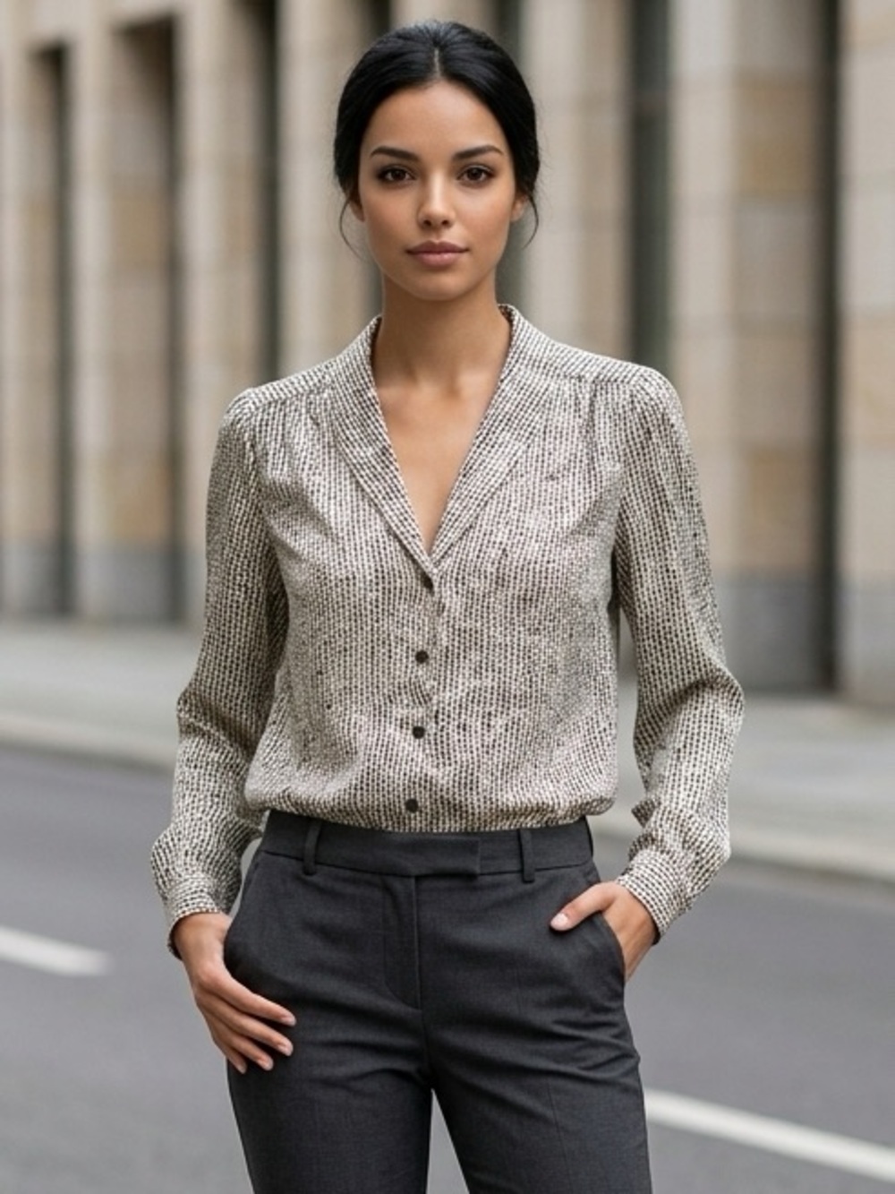 Topshop Cream and Black, green  Speckle V‑Neck Button Blouse